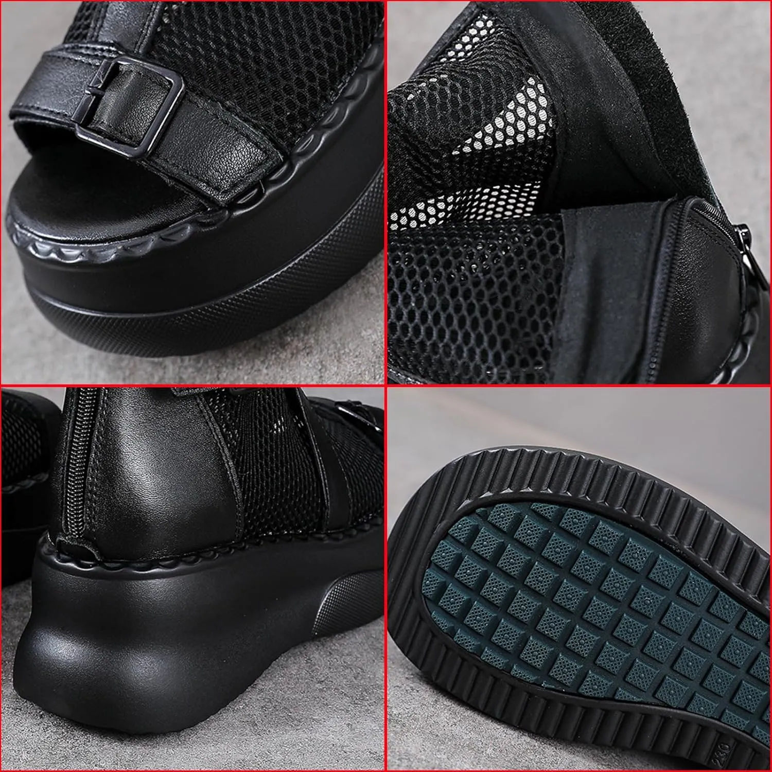 Women's Genuine Leather High Top Platform Sandals with Buckle Strap Summer Peep Toe Back Zipper Hollow Mesh Casual Ankle Boots Lightweight Comfortable Roman Sandals