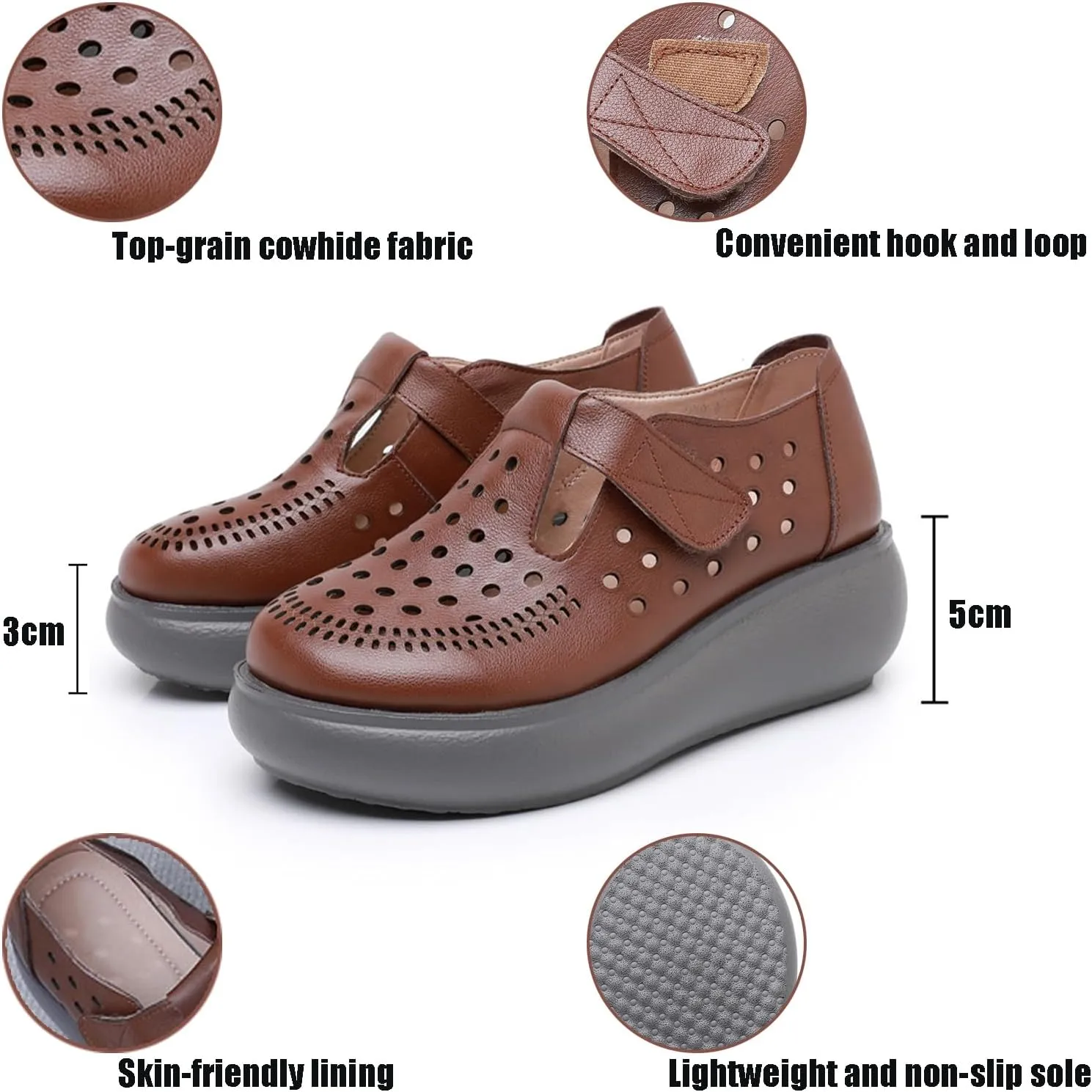 Women's Genuine Leather Hollow Out Wedge Mary Janes Comfort Round Toe Adjustable Hook and Loop Soft Sole Work Office Dress Shoes Breathable Non-Slip Nurse Walking Shoes