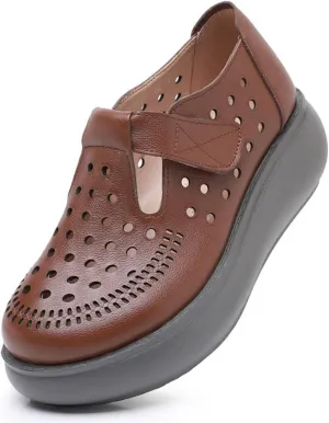 Women's Genuine Leather Hollow Out Wedge Mary Janes Comfort Round Toe Adjustable Hook and Loop Soft Sole Work Office Dress Shoes Breathable Non-Slip Nurse Walking Shoes