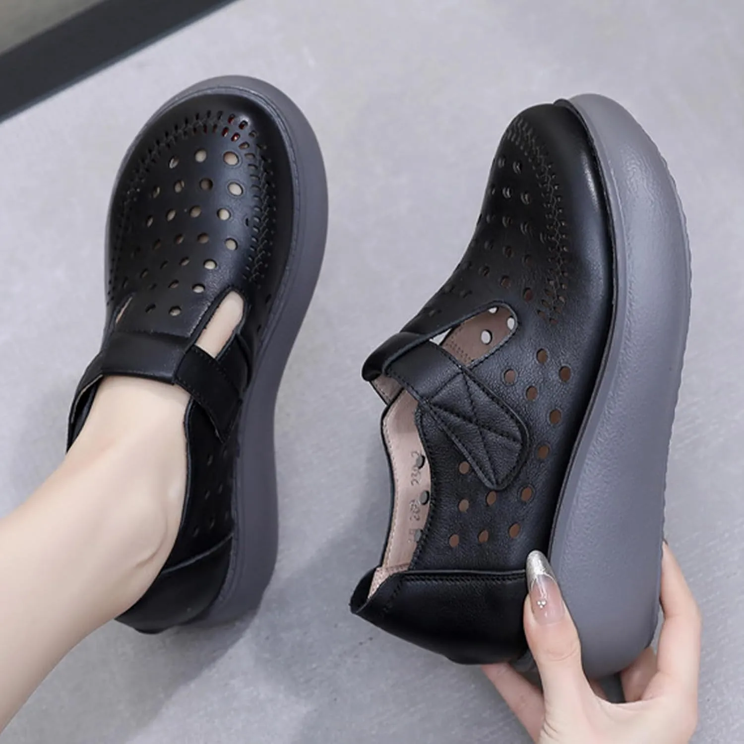 Women's Genuine Leather Hollow Out Wedge Mary Janes Comfort Round Toe Adjustable Hook and Loop Soft Sole Work Office Dress Shoes Breathable Non-Slip Nurse Walking Shoes