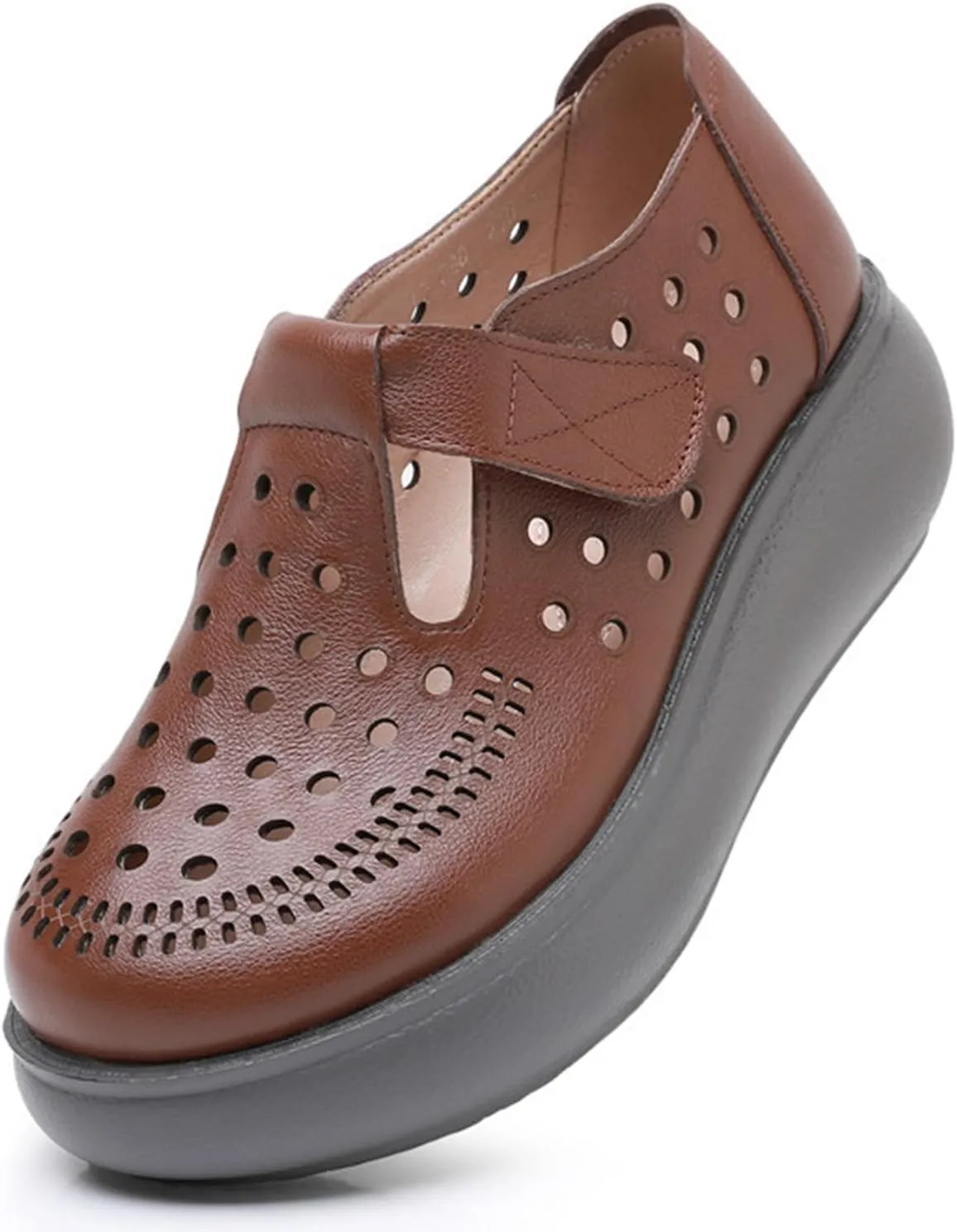 Women's Genuine Leather Hollow Out Wedge Mary Janes Comfort Round Toe Adjustable Hook and Loop Soft Sole Work Office Dress Shoes Breathable Non-Slip Nurse Walking Shoes