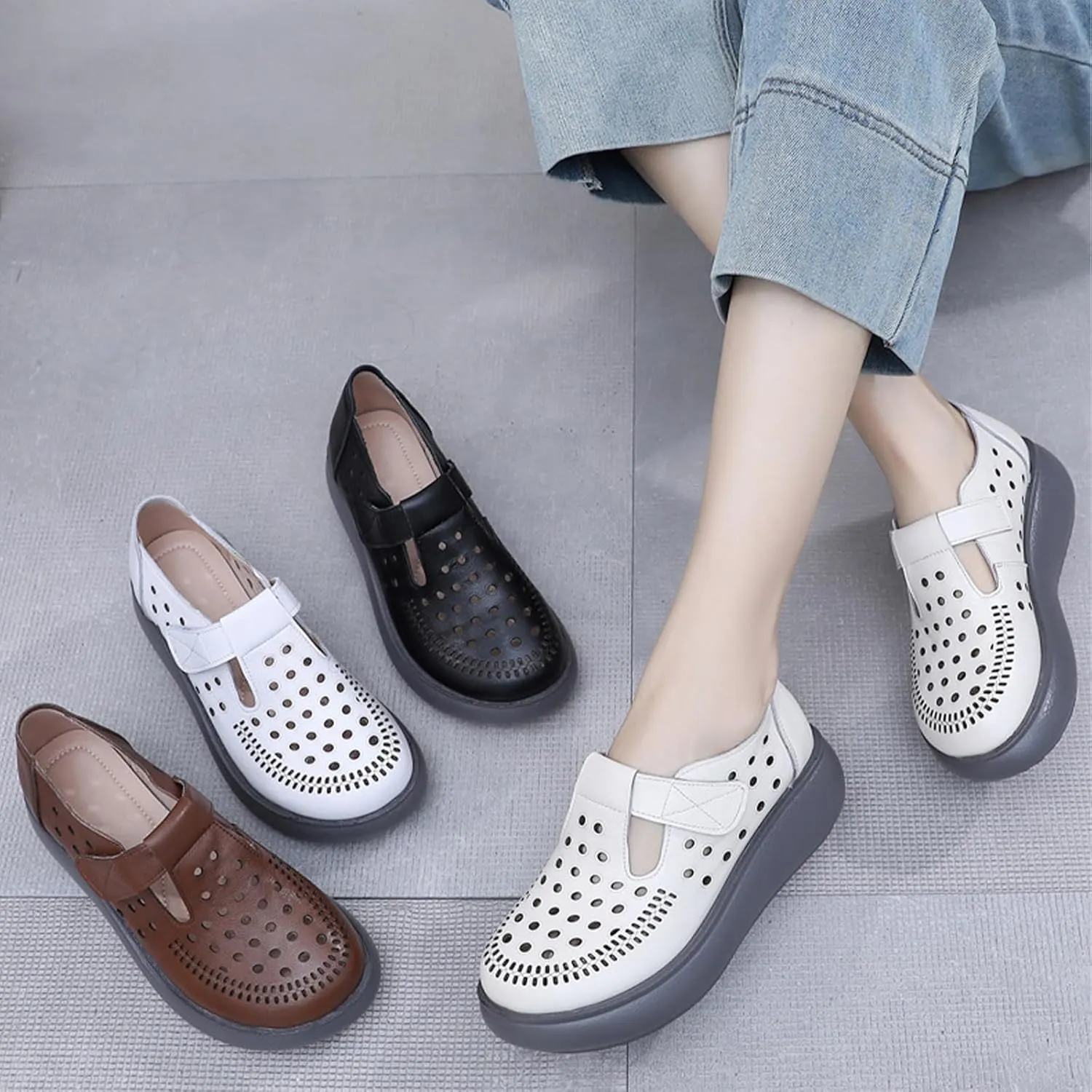 Women's Genuine Leather Hollow Out Wedge Mary Janes Comfort Round Toe Adjustable Hook and Loop Soft Sole Work Office Dress Shoes Breathable Non-Slip Nurse Walking Shoes