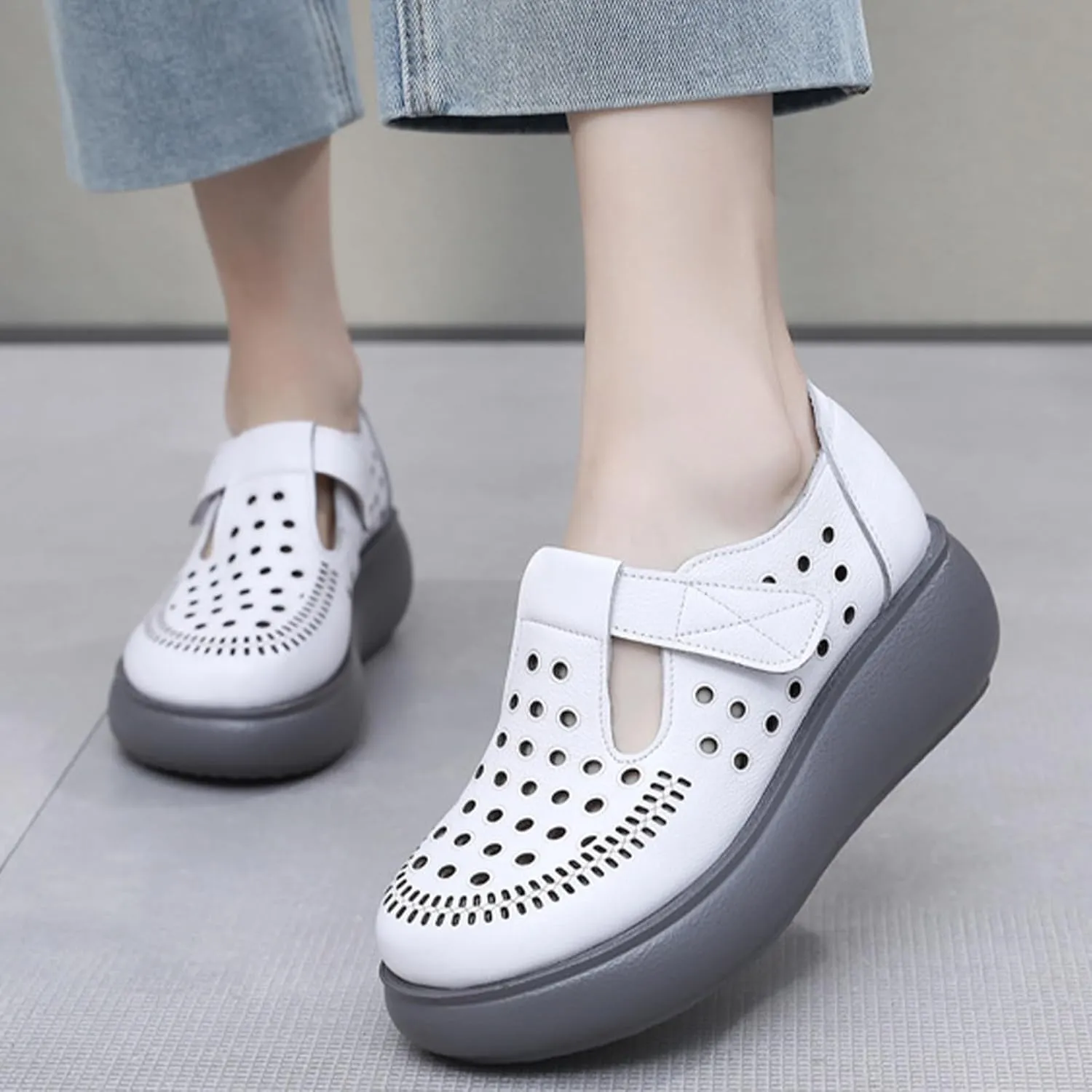 Women's Genuine Leather Hollow Out Wedge Mary Janes Comfort Round Toe Adjustable Hook and Loop Soft Sole Work Office Dress Shoes Breathable Non-Slip Nurse Walking Shoes