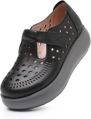 Women's Genuine Leather Hollow Out Wedge Mary Janes Comfort Round Toe Adjustable Hook and Loop Soft Sole Work Office Dress Shoes Breathable Non-Slip Nurse Walking Shoes