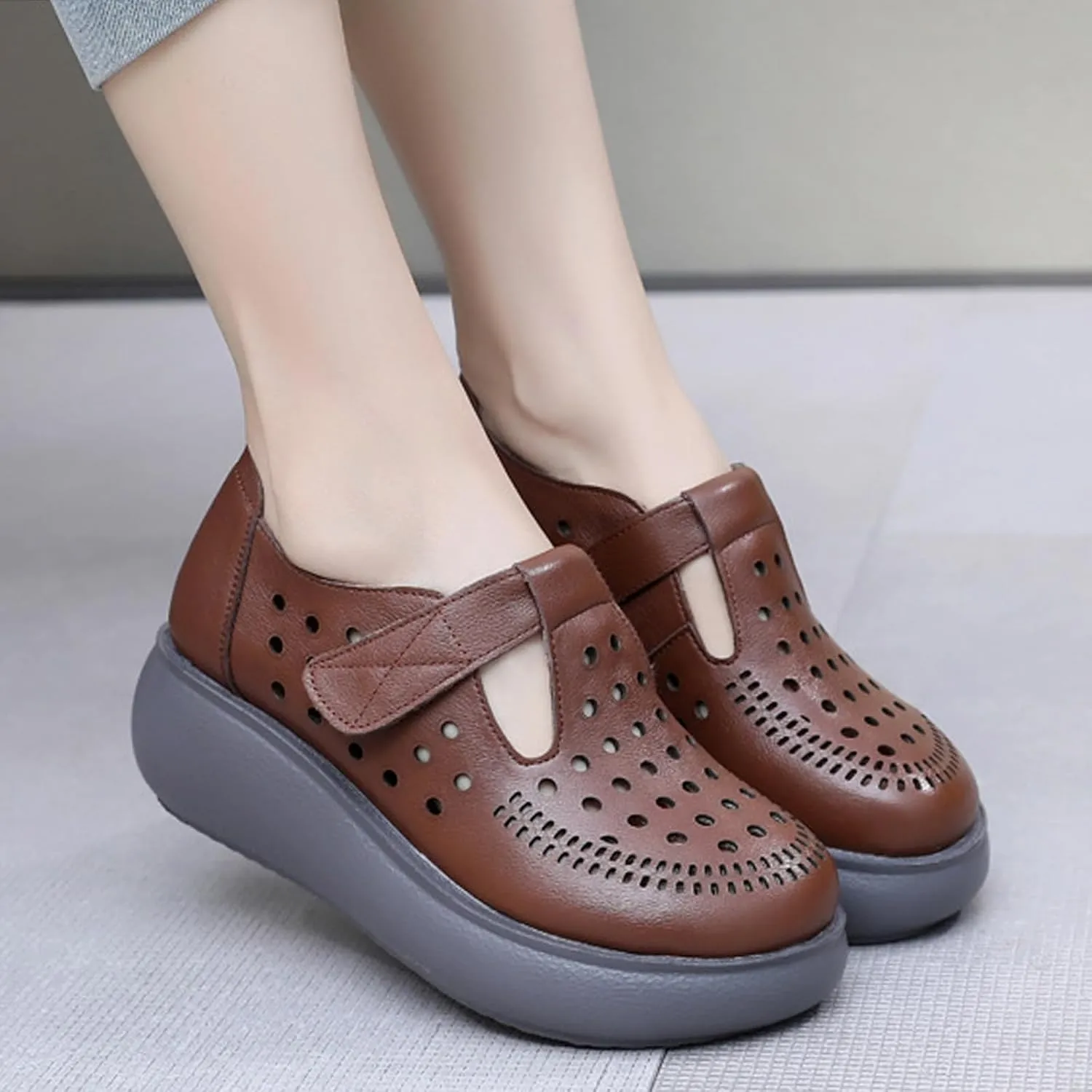 Women's Genuine Leather Hollow Out Wedge Mary Janes Comfort Round Toe Adjustable Hook and Loop Soft Sole Work Office Dress Shoes Breathable Non-Slip Nurse Walking Shoes