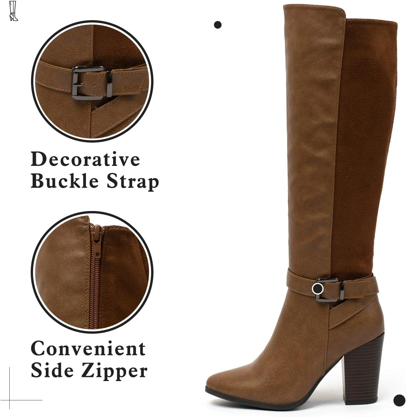 Women's Heeled Knee High Boots Zip Up High Chunky Heeled Boots