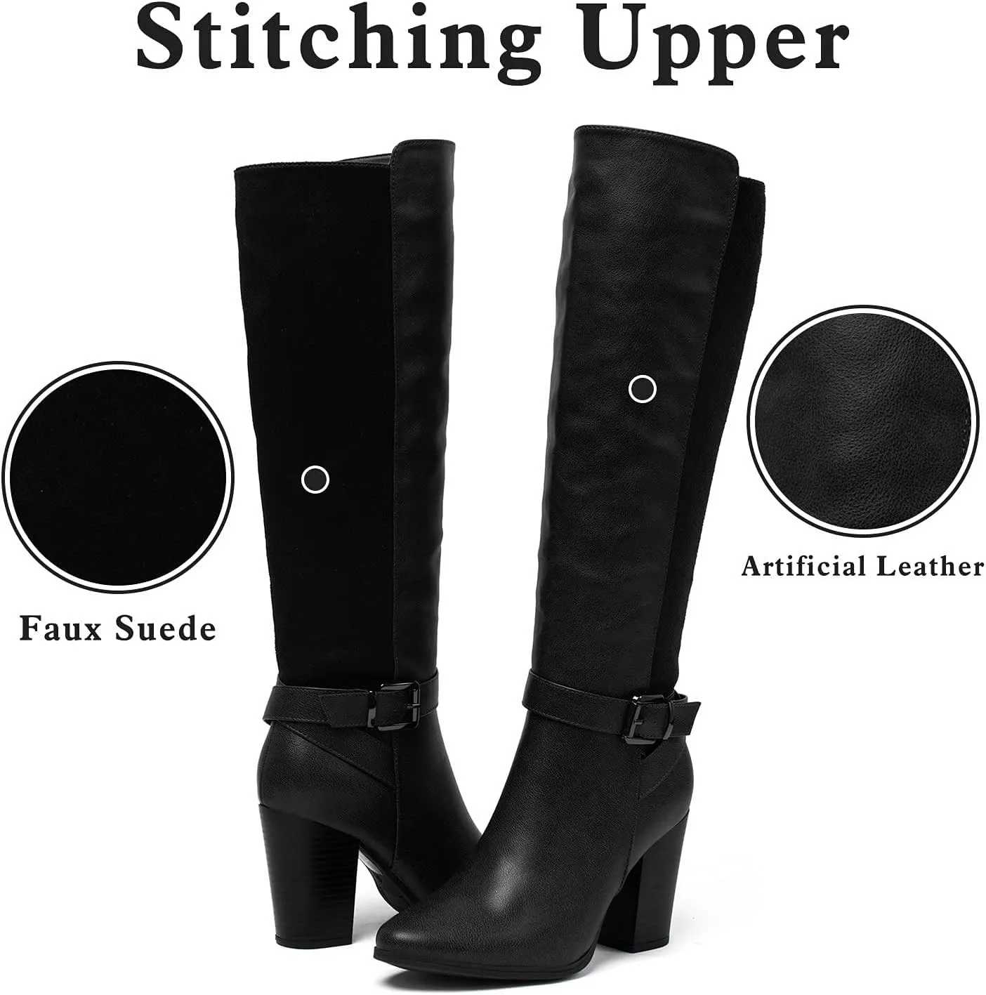 Women's Heeled Knee High Boots Zip Up High Chunky Heeled Boots