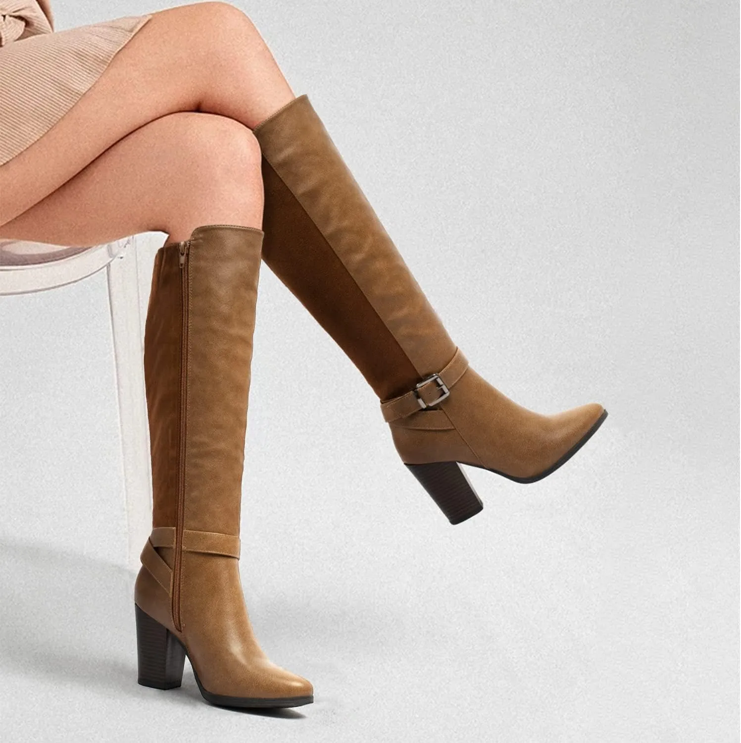 Women's Heeled Knee High Boots Zip Up High Chunky Heeled Boots