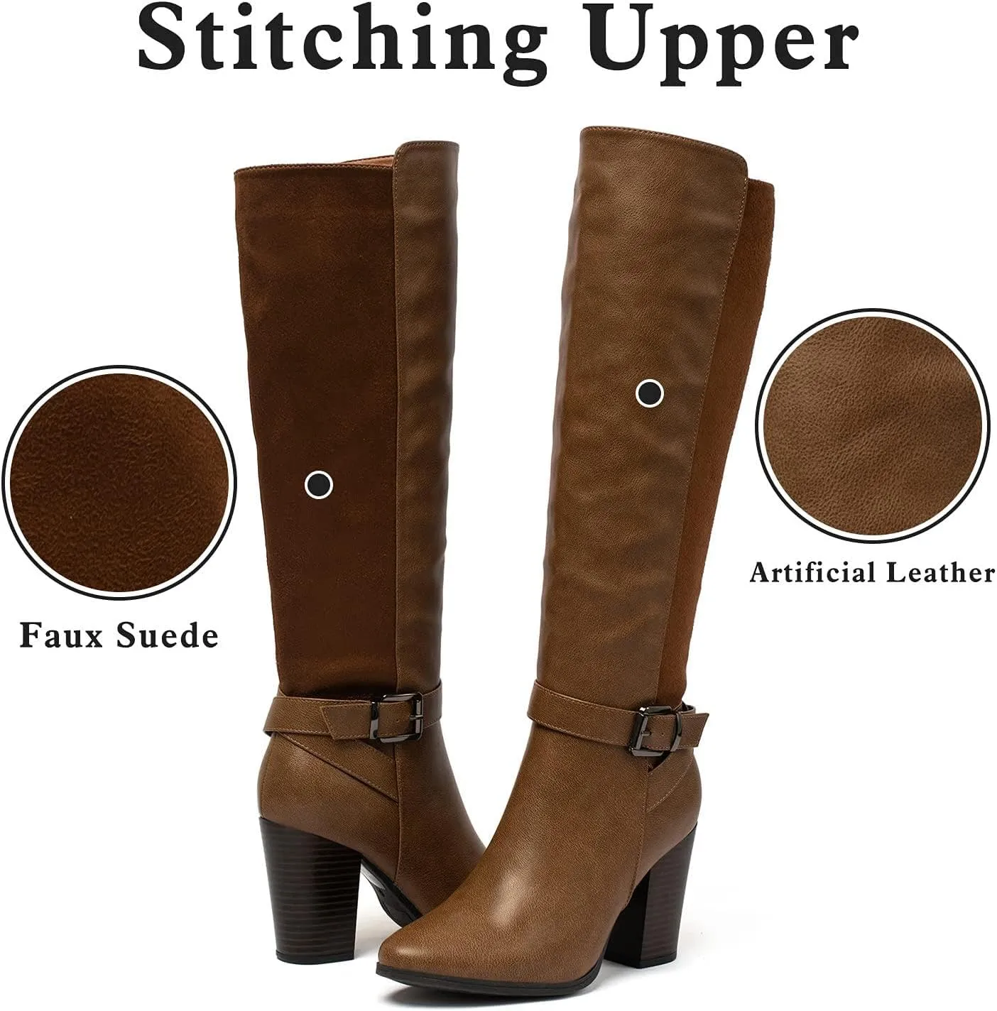 Women's Heeled Knee High Boots Zip Up High Chunky Heeled Boots