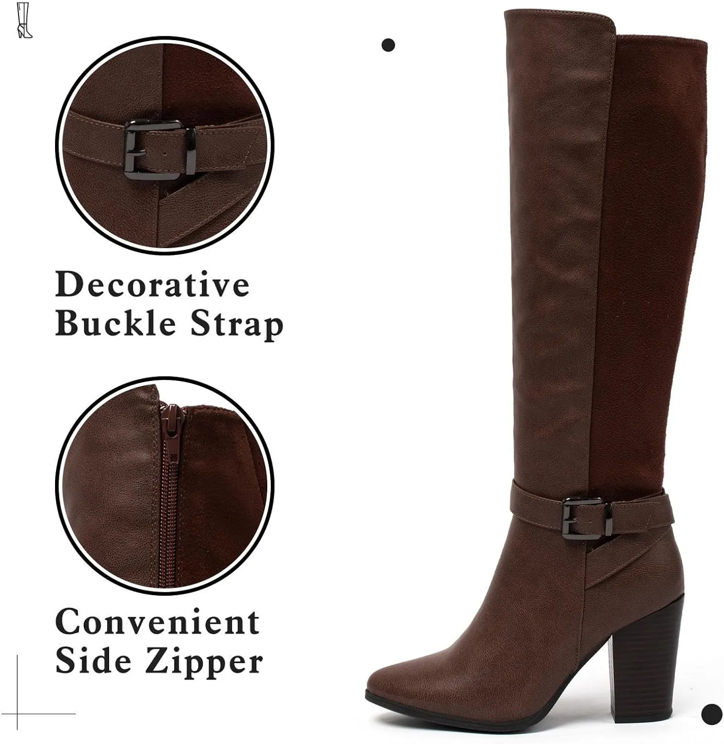 Women's Heeled Knee High Boots Zip Up High Chunky Heeled Boots