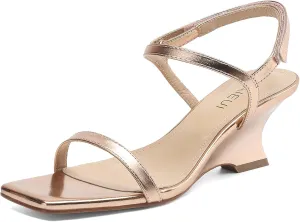Women's Heels Wedges Sandals Low Block Sandal Square Open Toe Heels for Women with Ankle Strap Comfort Party Dress Shoes