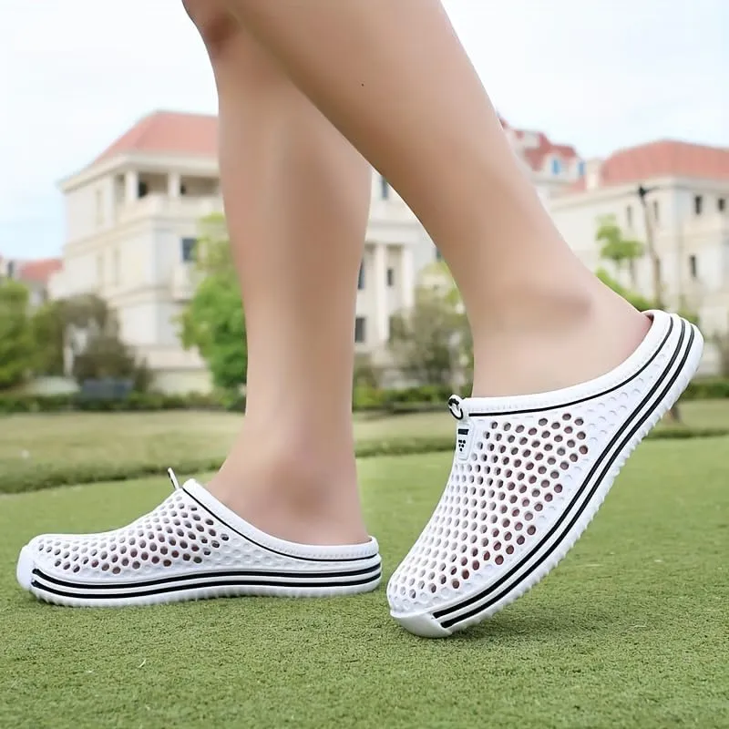 Women's Hollow Out Flat Clogs, Closed Toe Breathable Non Slip Garden Mules, Casual Beach Slide Shoes