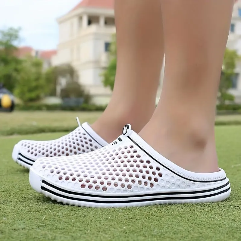 Women's Hollow Out Flat Clogs, Closed Toe Breathable Non Slip Garden Mules, Casual Beach Slide Shoes