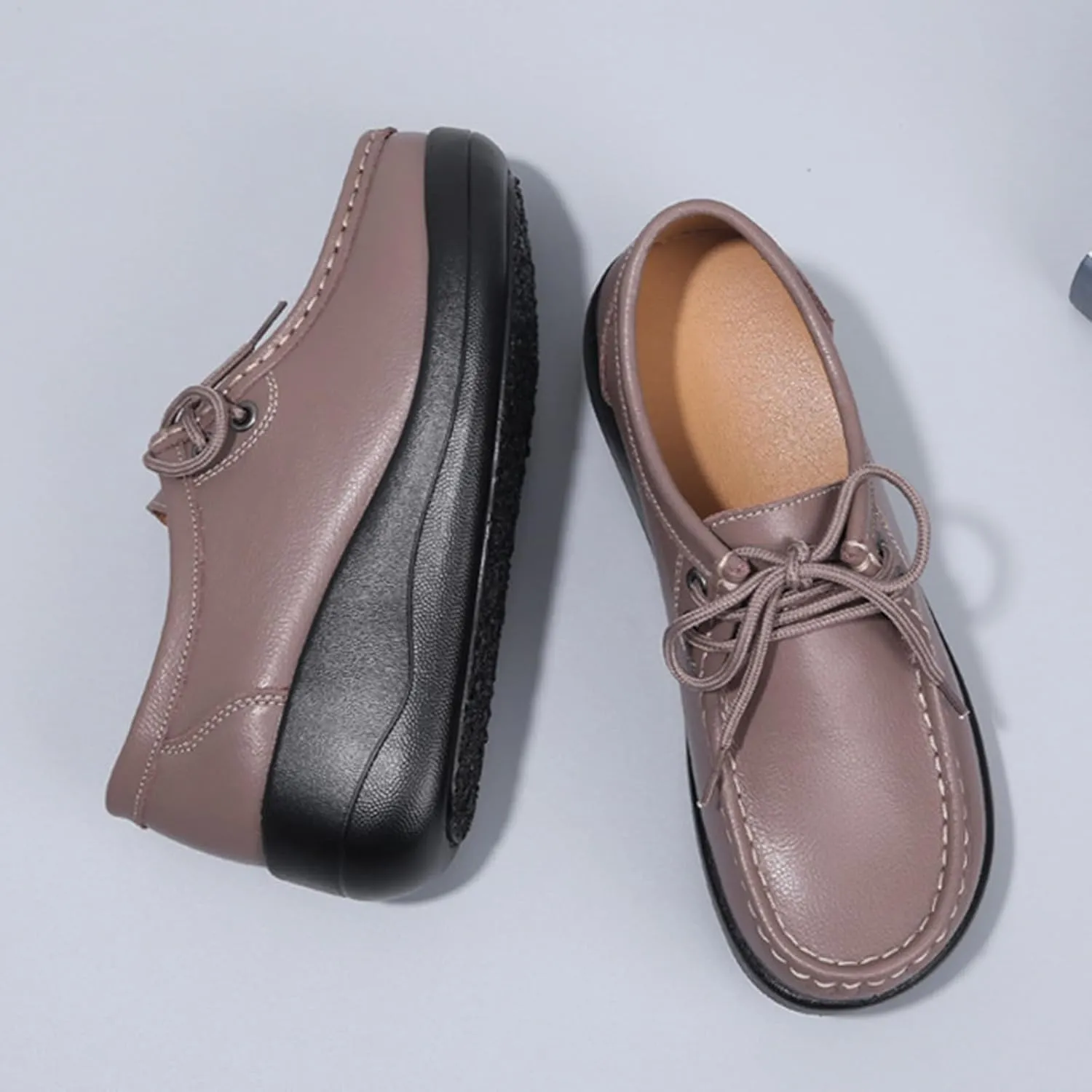 Women's Leather Lace-up Platform Loafers Retro Round-Toe Soft Sole Casual Shoes Comfort Lightweight Walking Shoes
