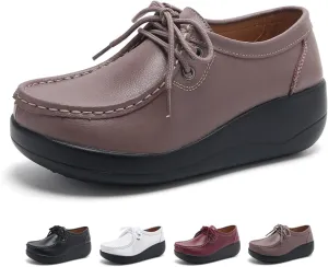 Women's Leather Lace-up Platform Loafers Retro Round-Toe Soft Sole Casual Shoes Comfort Lightweight Walking Shoes