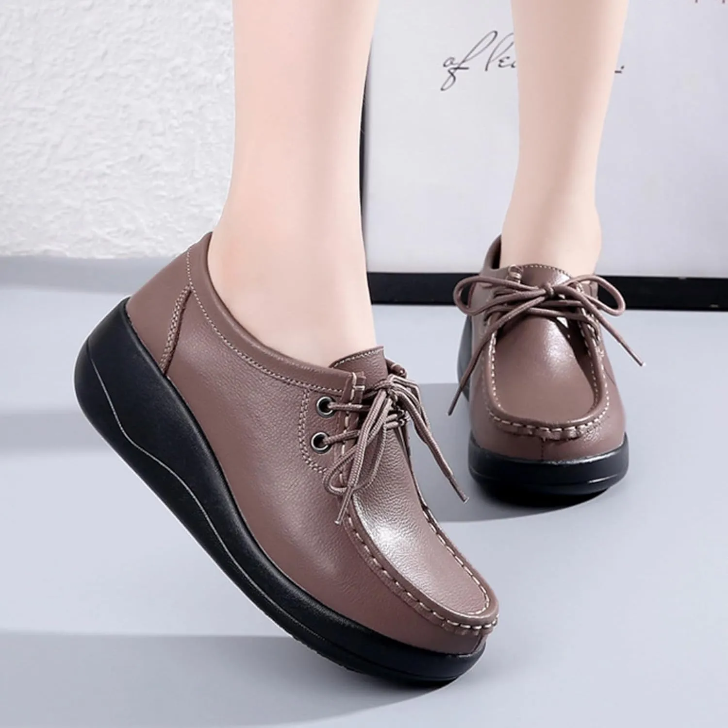 Women's Leather Lace-up Platform Loafers Retro Round-Toe Soft Sole Casual Shoes Comfort Lightweight Walking Shoes