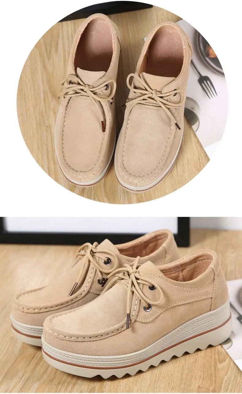 Women's Leather Platform Loafers Shoes, Faux Suede Moccasins Good Arch Slip On Loafer Non-Slip Thick Sole Comfort Wide Low Top Shoe