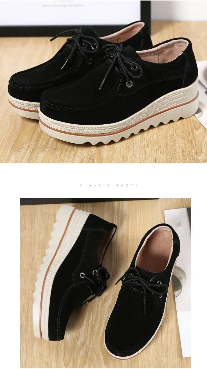 Women's Leather Platform Loafers Shoes, Faux Suede Moccasins Good Arch Slip On Loafer Non-Slip Thick Sole Comfort Wide Low Top Shoe