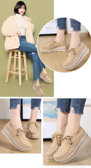 Women's Leather Platform Loafers Shoes, Faux Suede Moccasins Good Arch Slip On Loafer Non-Slip Thick Sole Comfort Wide Low Top Shoe
