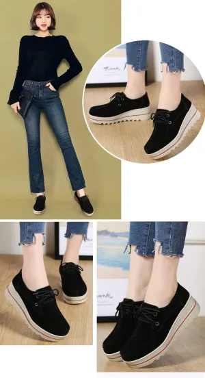 Women's Leather Platform Loafers Shoes, Faux Suede Moccasins Good Arch Slip On Loafer Non-Slip Thick Sole Comfort Wide Low Top Shoe