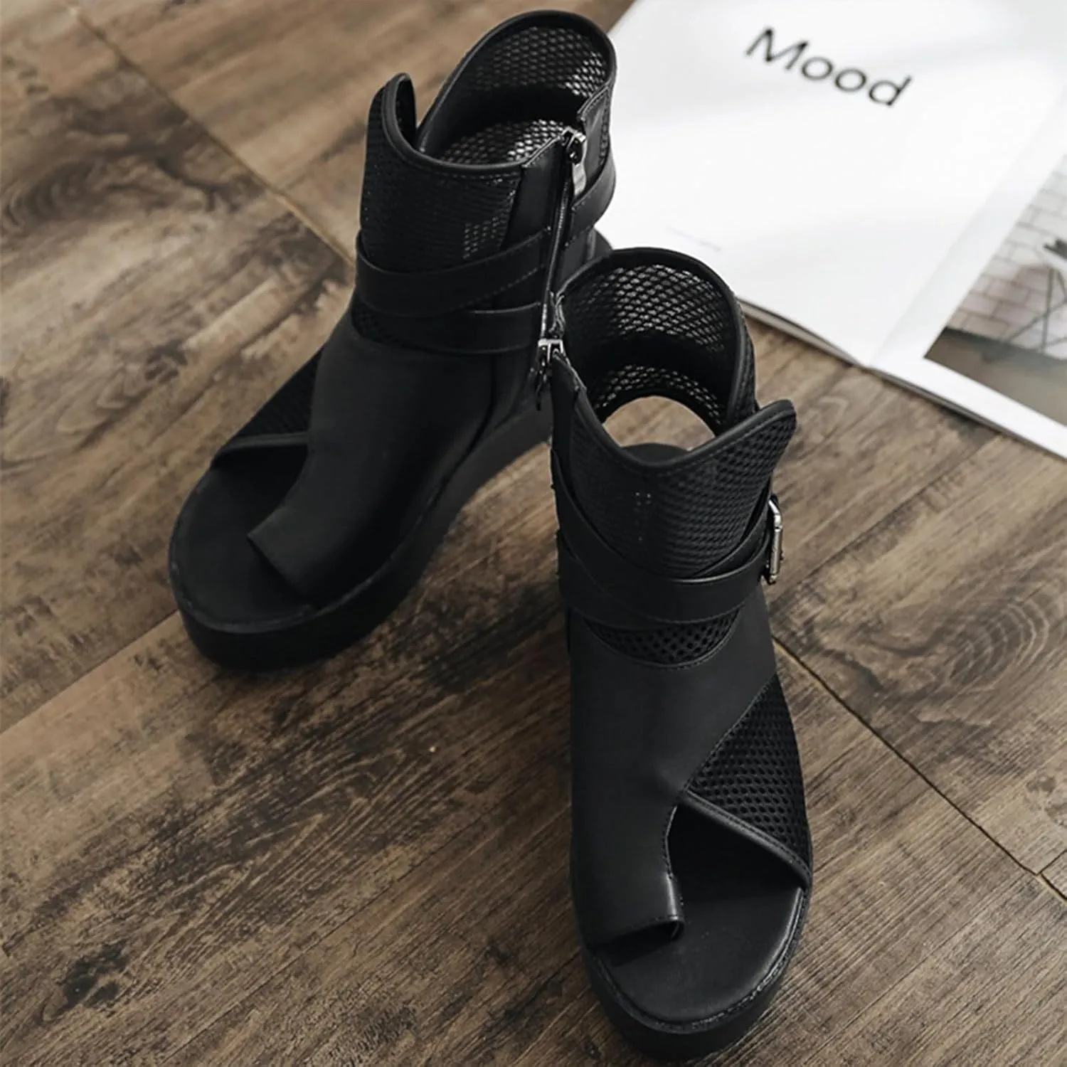 Women's Leather Platform Wedge High-Top Roman Sandals Comfortable Breathable Mesh Open Toe Clip Toe Side Zipper Metal Buckle Gladiator Boot Sandals