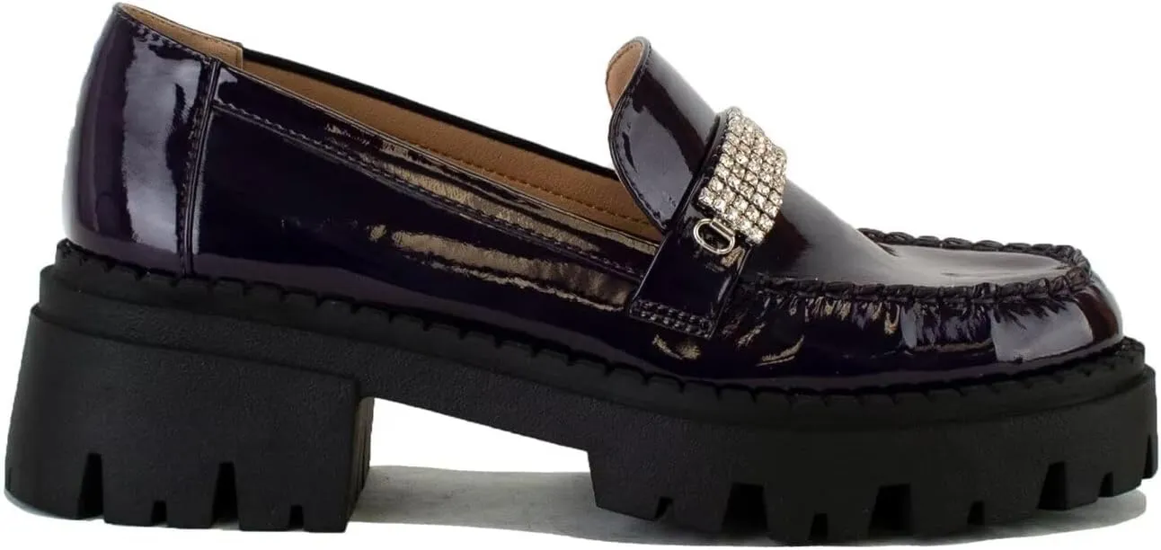Women's Loafer with Rhinestone Chunky Penny Loafer Lug Sole Platform Loafer Round Toe Slip On Loafers