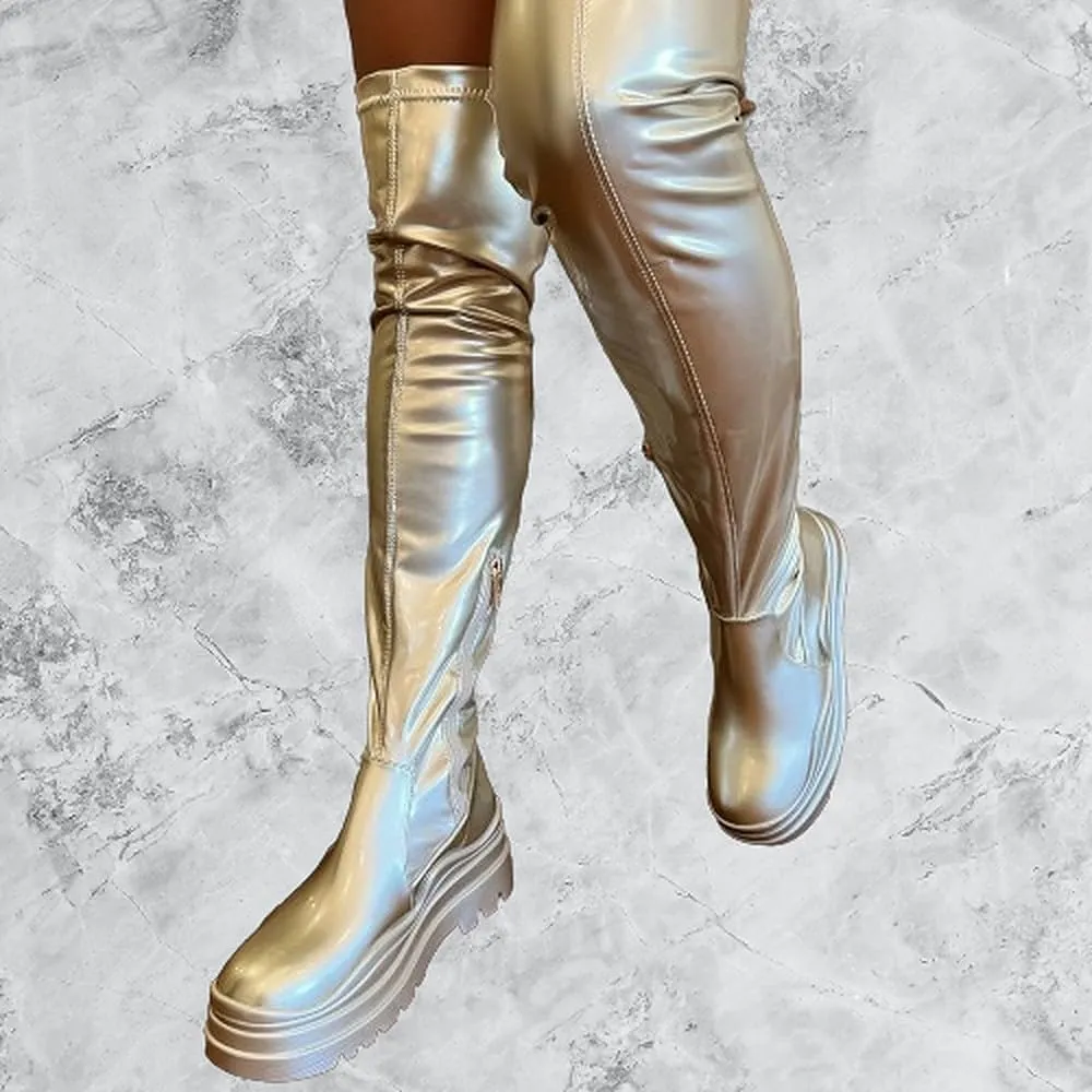 Women's Over The Knee Boots Lug Sole Round Toe Thigh High Chunky Block Heels Flat Boots