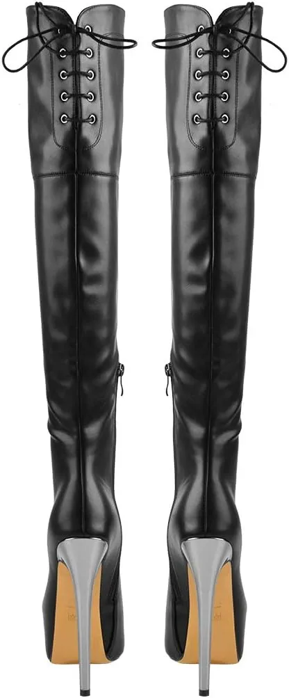 Women's Over The Knee Pull On Buckle Stiletto Heeled Lace Up Boots