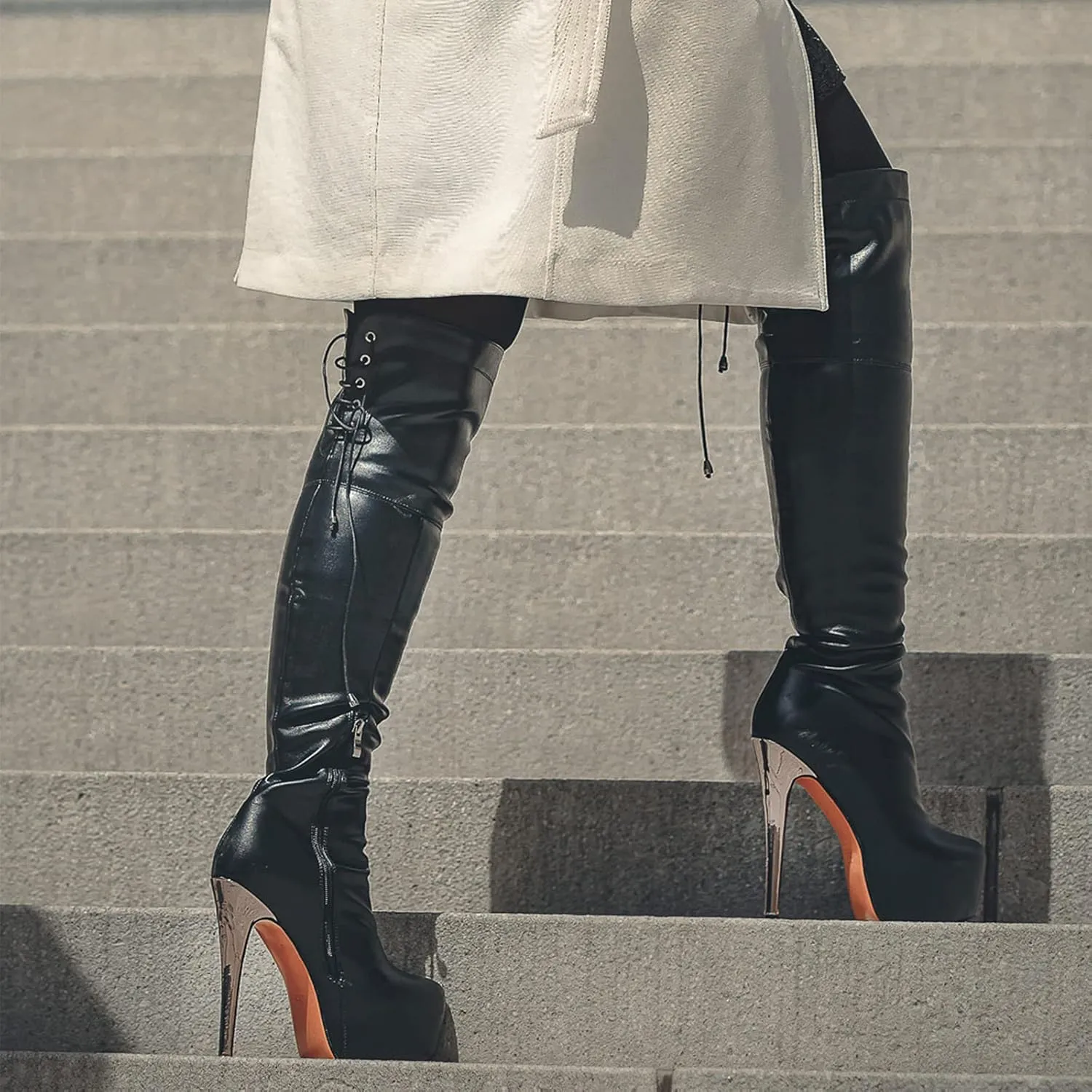 Women's Over The Knee Pull On Buckle Stiletto Heeled Lace Up Boots