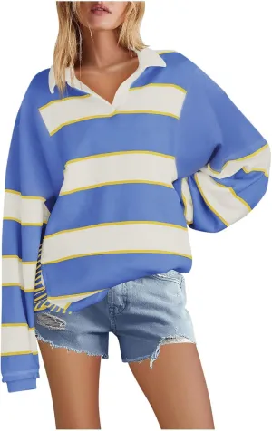Womens Oversized Striped Swearshirt V Neck Color Block Tops Teen Girls Y2K Clothes Trendy Preppy Outfits Fall Shirts