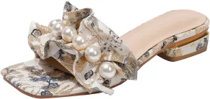 Women's Pearl Ruffle Chunky Heel Slippers Fashion Square Open Toe Low Block Heels Slip-On Slide Sandals Sexy Sweet Anti-Slip Party Prom Slippers