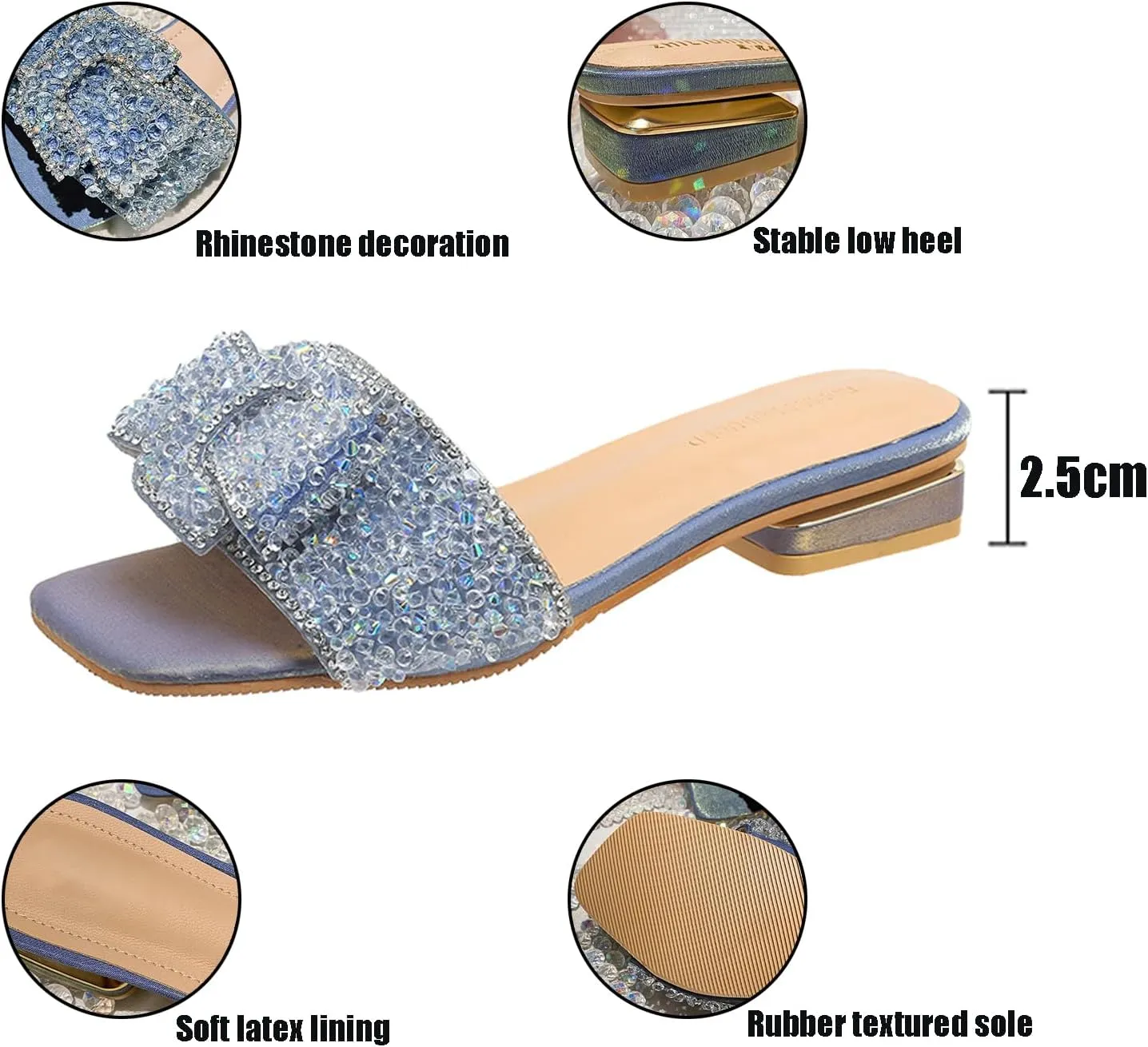 Women's Pearl Ruffle Chunky Heel Slippers Fashion Square Open Toe Low Block Heels Slip-On Slide Sandals Sexy Sweet Anti-Slip Party Prom Slippers