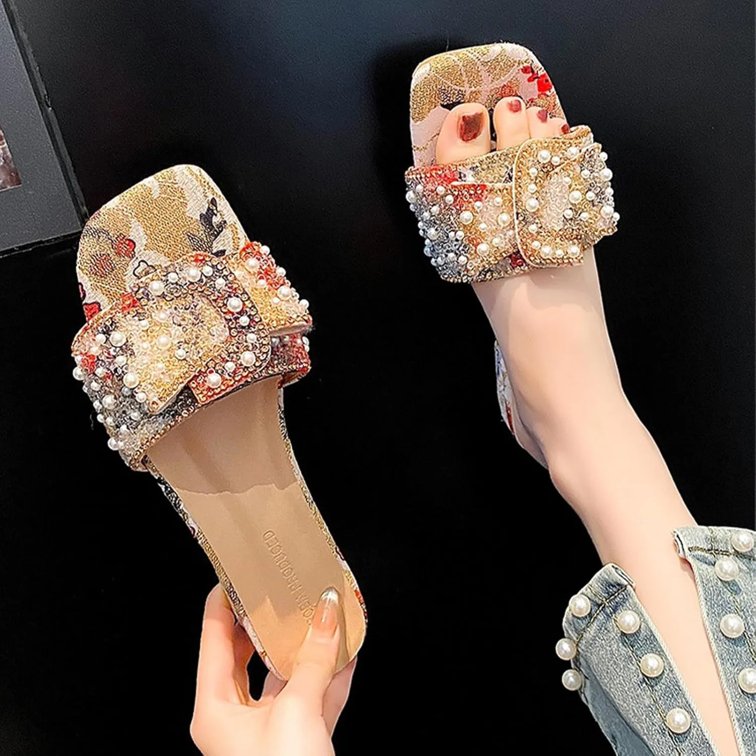 Women's Pearl Ruffle Chunky Heel Slippers Fashion Square Open Toe Low Block Heels Slip-On Slide Sandals Sexy Sweet Anti-Slip Party Prom Slippers