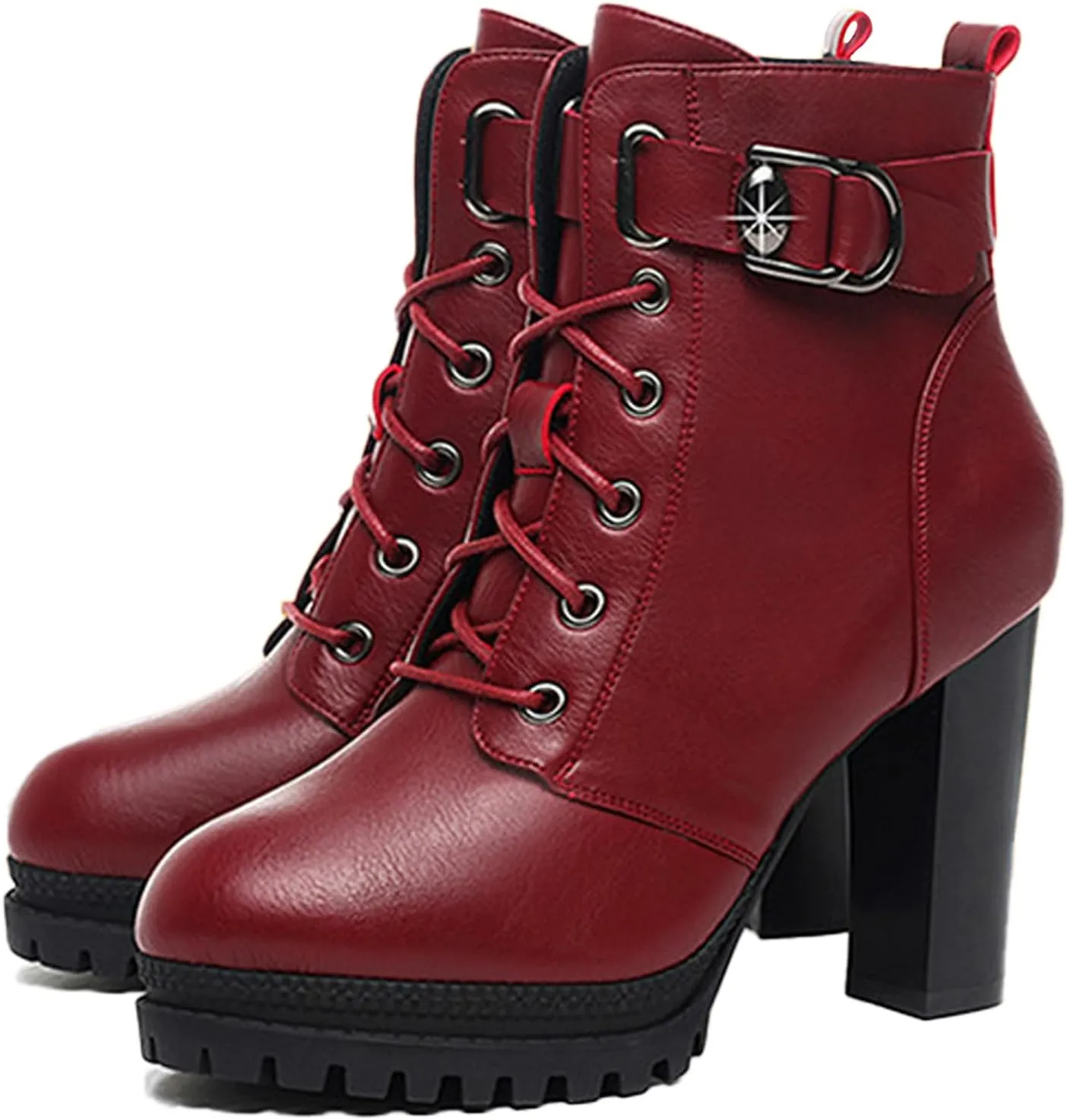 Women's Platform Block High Heel Ankle Boots with Leather Buckle,Autumn Winter Warm Lining Fashion Round-Toe Lace-Up Side Zipper Chunky High Heels Gothic Booties