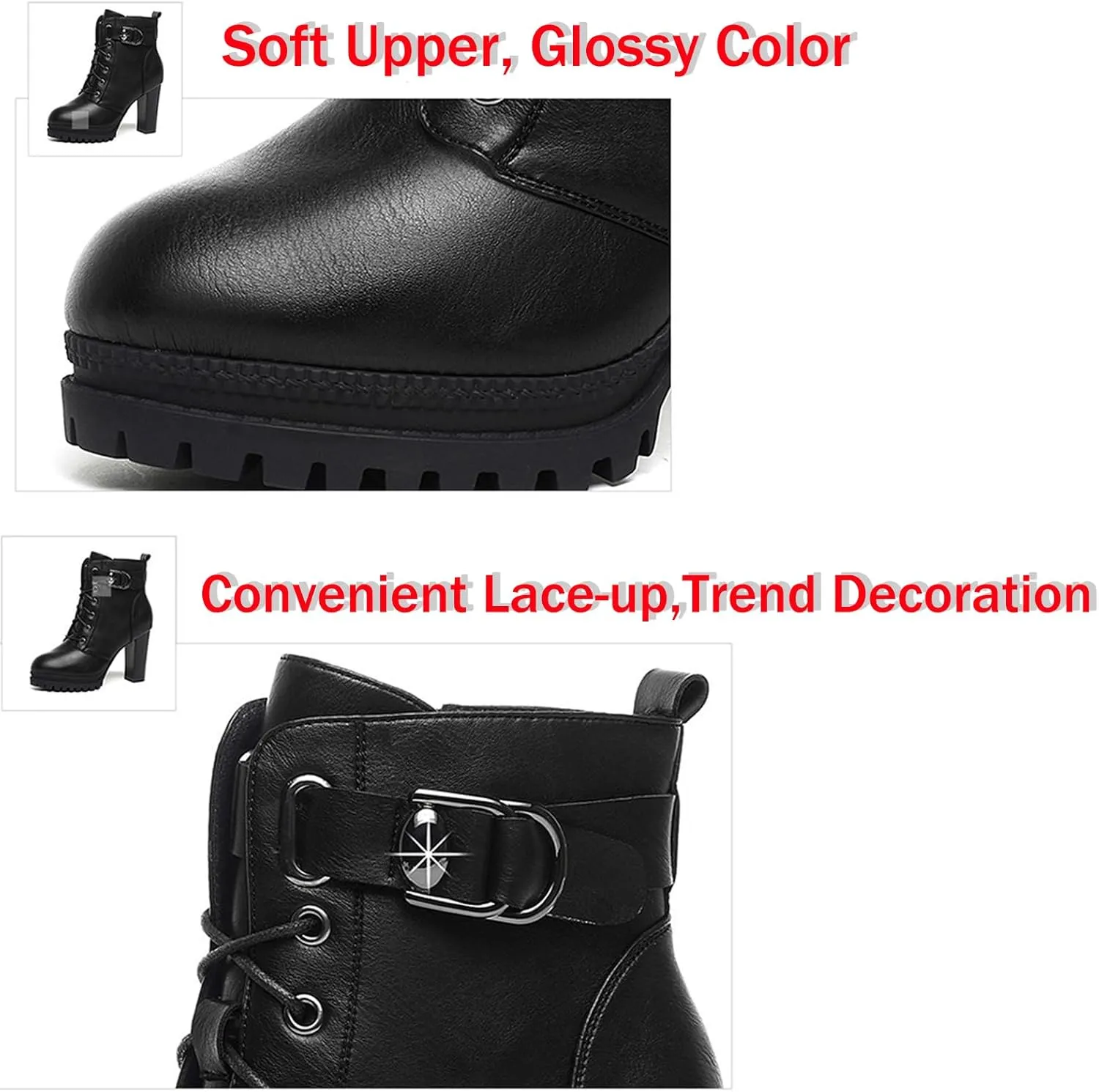 Women's Platform Block High Heel Ankle Boots with Leather Buckle,Autumn Winter Warm Lining Fashion Round-Toe Lace-Up Side Zipper Chunky High Heels Gothic Booties