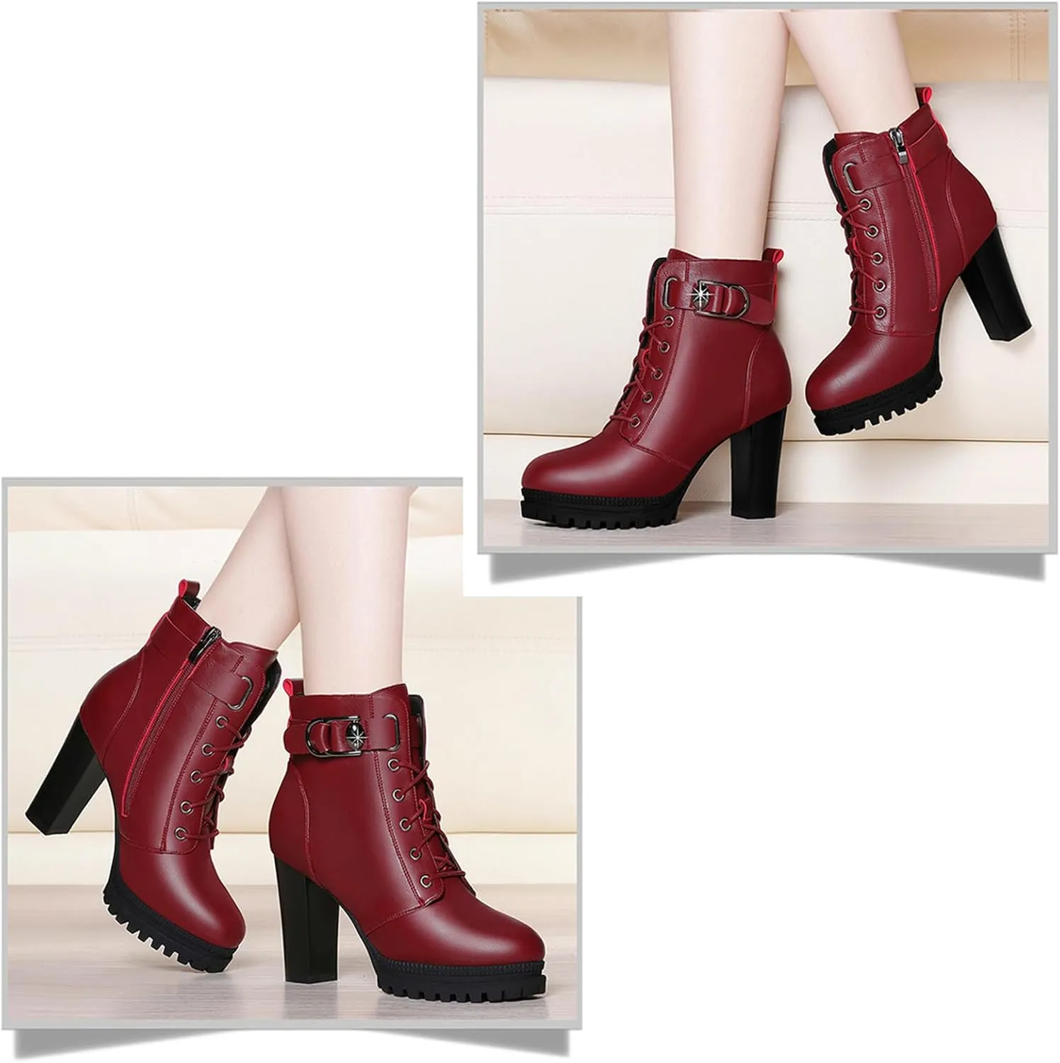 Women's Platform Block High Heel Ankle Boots with Leather Buckle,Autumn Winter Warm Lining Fashion Round-Toe Lace-Up Side Zipper Chunky High Heels Gothic Booties