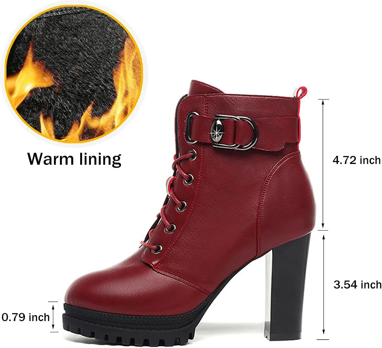 Women's Platform Block High Heel Ankle Boots with Leather Buckle,Autumn Winter Warm Lining Fashion Round-Toe Lace-Up Side Zipper Chunky High Heels Gothic Booties