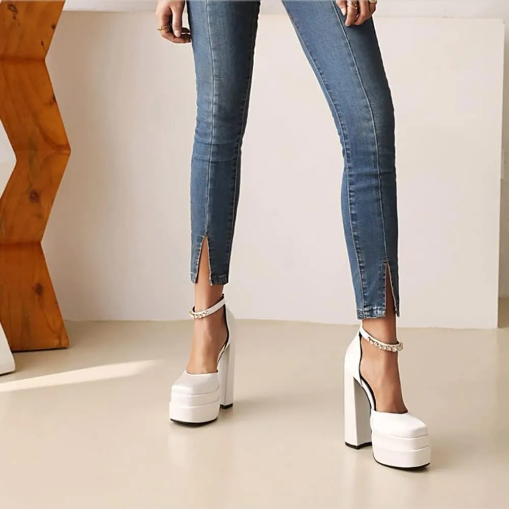 Womens Platform Chunky High Block Heels Ankle Strap Buckles Wedge Dress Pumps