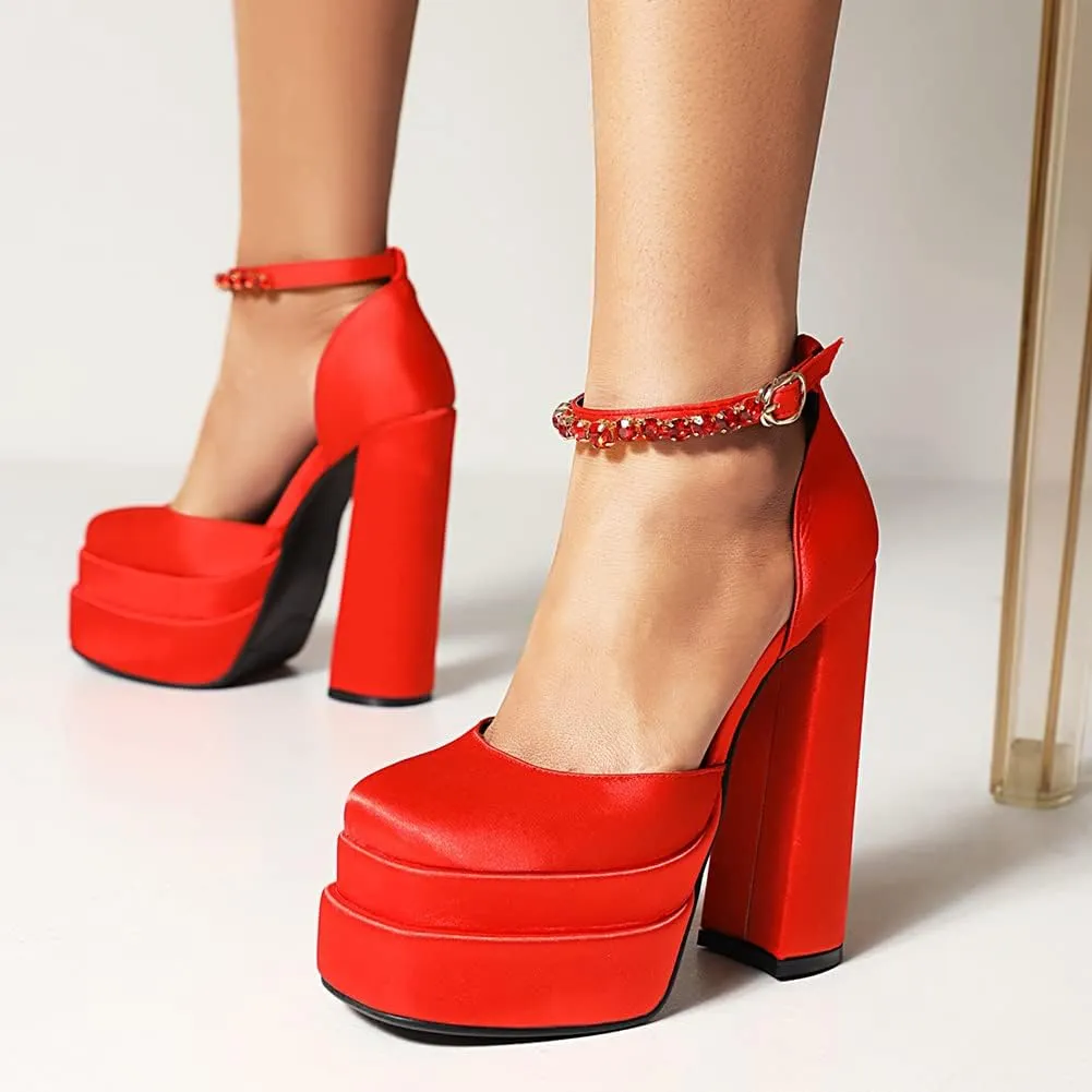 Womens Platform Chunky High Block Heels Ankle Strap Buckles Wedge Dress Pumps