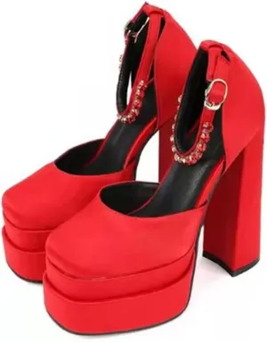Womens Platform Chunky High Block Heels Ankle Strap Buckles Wedge Dress Pumps