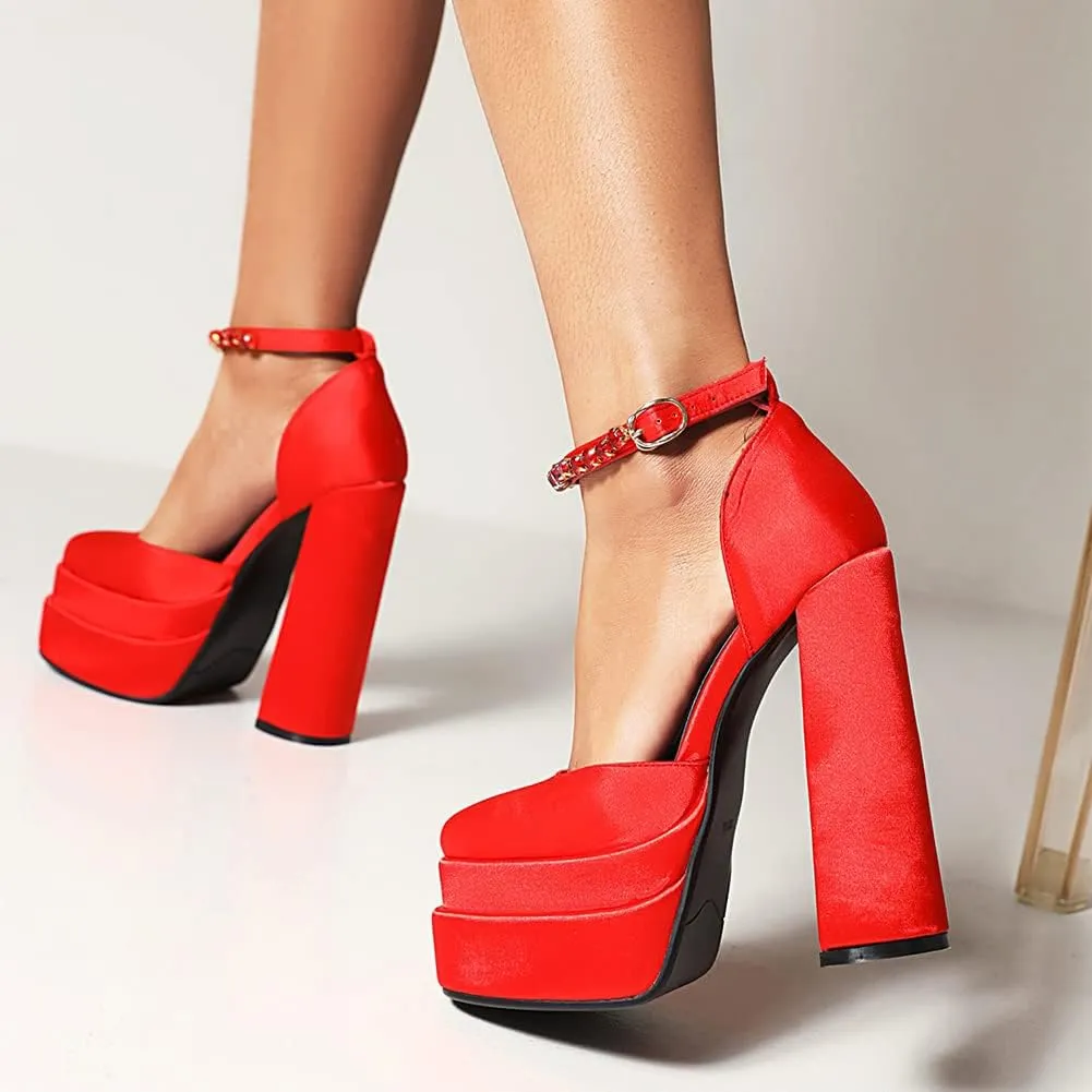 Womens Platform Chunky High Block Heels Ankle Strap Buckles Wedge Dress Pumps