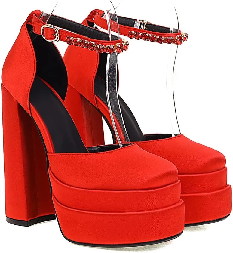 Womens Platform Chunky High Block Heels Ankle Strap Buckles Wedge Dress Pumps