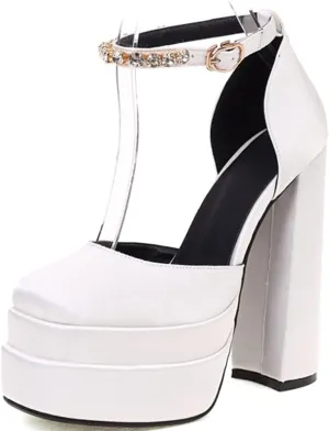 Womens Platform Chunky High Block Heels Ankle Strap Buckles Wedge Dress Pumps