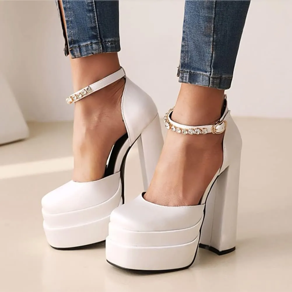 Womens Platform Chunky High Block Heels Ankle Strap Buckles Wedge Dress Pumps