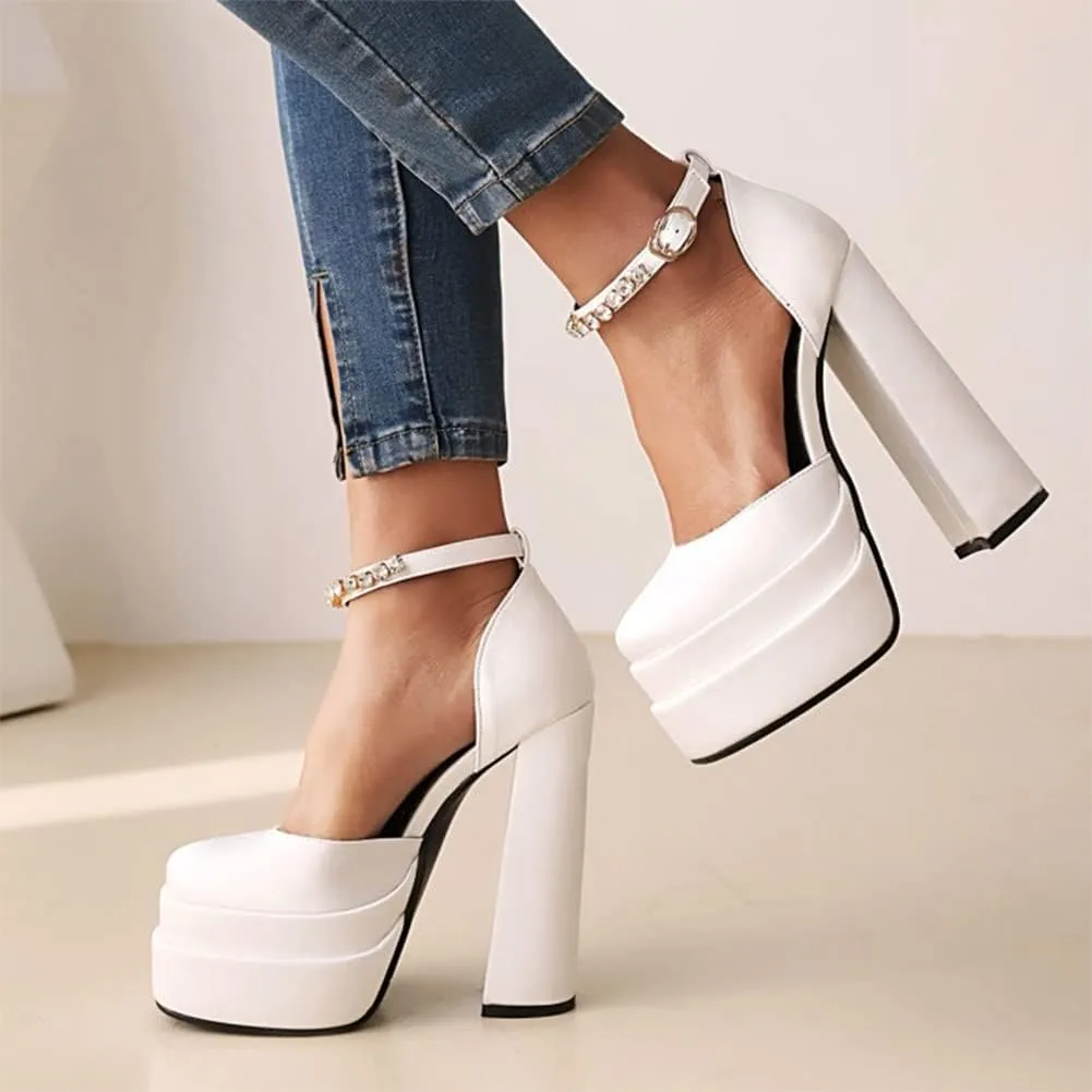 Womens Platform Chunky High Block Heels Ankle Strap Buckles Wedge Dress Pumps