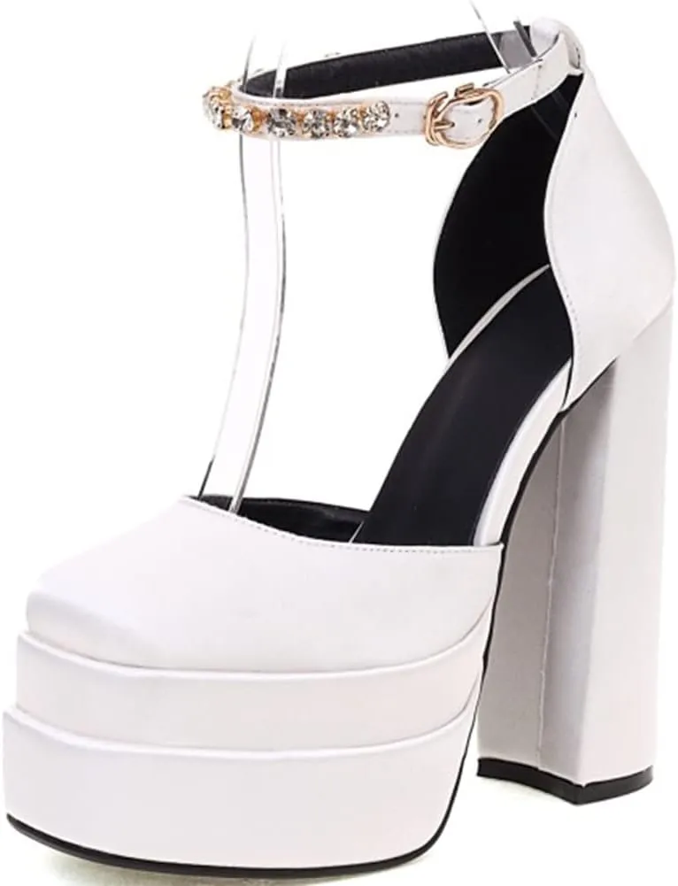 Womens Platform Chunky High Block Heels Ankle Strap Buckles Wedge Dress Pumps