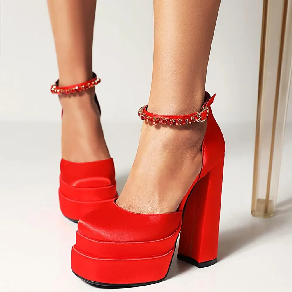 Womens Platform Chunky High Block Heels Ankle Strap Buckles Wedge Dress Pumps
