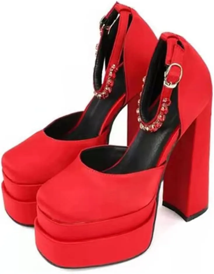 Womens Platform Chunky High Block Heels Ankle Strap Buckles Wedge Dress Pumps