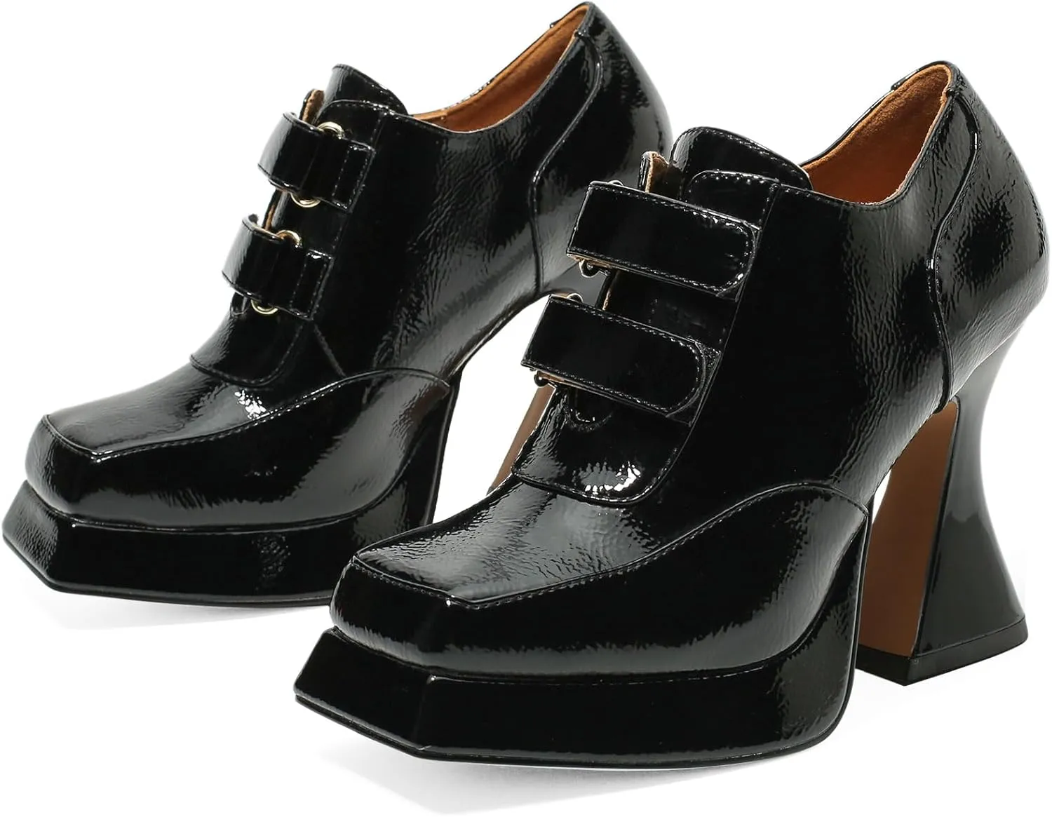 Women's Platform Pumps Patent Leather Chunky Heels Square Toe High Heel Booties Platform Boots for Women Dress Shoes