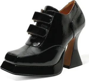 Women's Platform Pumps Patent Leather Chunky Heels Square Toe High Heel Booties Platform Boots for Women Dress Shoes